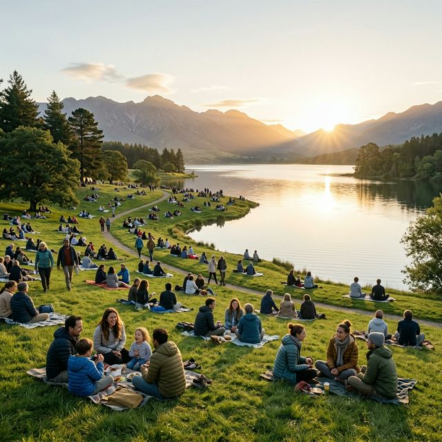 Community gathered by lake