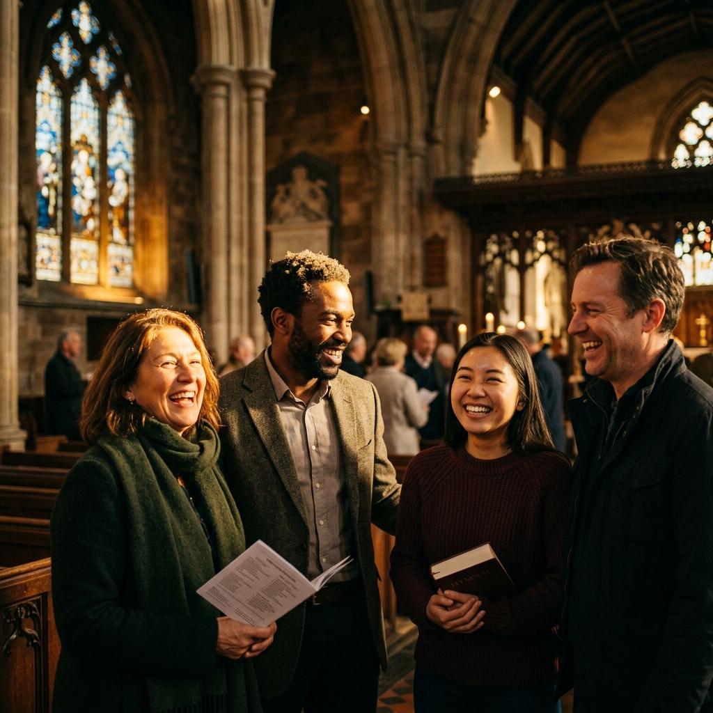 Diverse church community smiling together