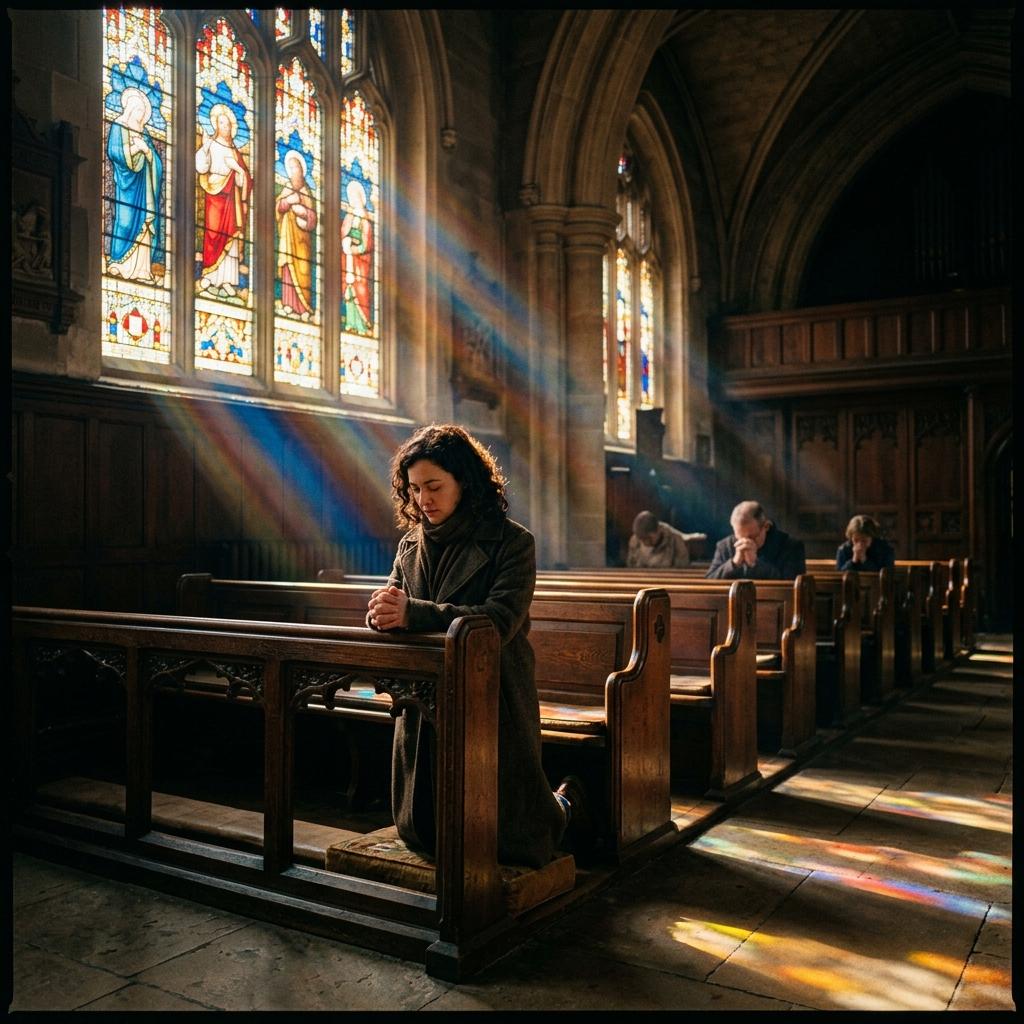 Person kneeling in prayer during spiritual transformation
