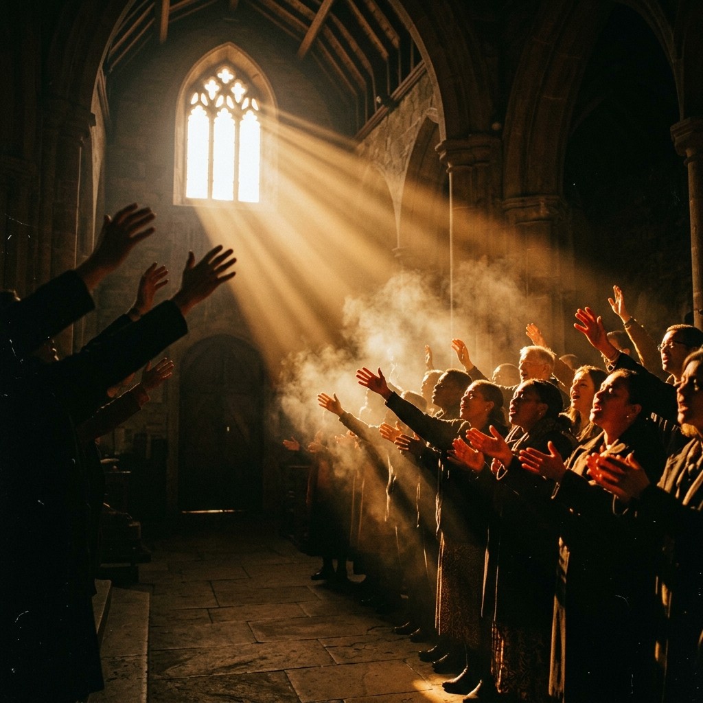 Grand church interior with choir and pastor at pulpit